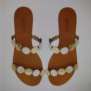 SCHUTZ Acacia Platina Leather Gold and Silver Coin Sandals